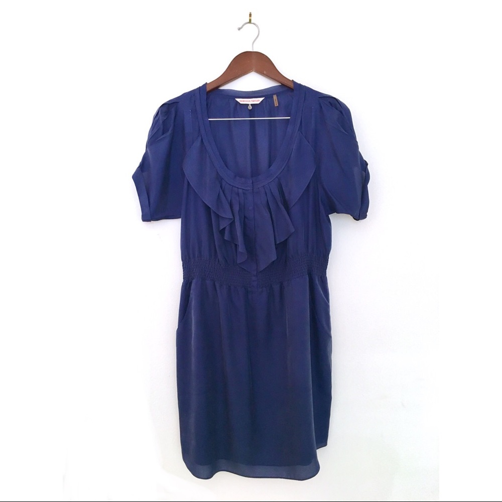 Rebecca Taylor Blue Ruffled Front Silk Dress